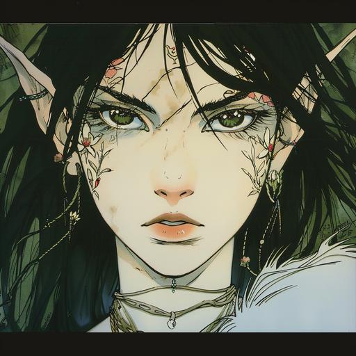 female elf with long jet black hair, has light floral tattoos under her eyes, stern look, Katsuya Terada style art