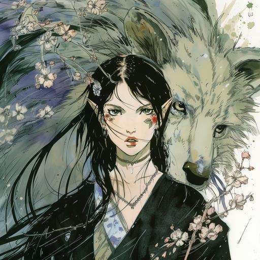 female elf with long jet black hair, has light floral tattoos under her eyes, stern look, Katsuya Terada style art