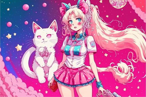 female, full body, with doll face features, large lips, big cartoon eyes, lisa frank style clothing, pink and white clothing, sparkle nose ring, sparkle lip ring, sparkle eyebrow piercing, blonde space buns, long flowy hair, oversized pink leg warmers, big combat boots, sparkle background, big white fluffy cat, candy background, space background, cat ears --ar 3:2