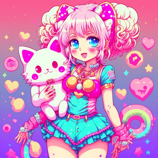 female, full body, with doll face features, large lips, big cartoon eyes, pink eye color, lisa frank style clothing, pink and white clothing, sparkle nose ring, sparkle lip ring, sparkle eyebrow piercing, blonde space bun hair, oversized pink leg warmers, sparkle background, bubble floor, big combat boots, white fluffy cat by girls leg, candy background, heart background, rainbow background, space background