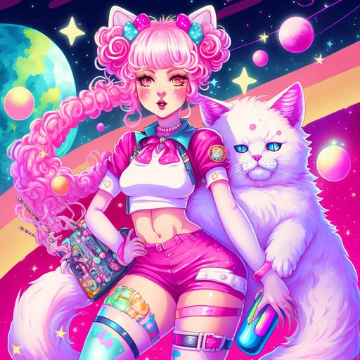 female, full body, with doll face features, large lips, big cartoon eyes, lisa frank style clothing, pink and white clothing, sparkle nose ring, sparkle lip ring, sparkle eyebrow piercing, blonde space buns, oversized pink leg warmers, big combat boots, sparkle background, big white fluffy cat, candy background, space background, cat ears
