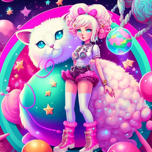 female, full body, with doll face features, large lips, big cartoon eyes, lisa frank style clothing, pink and white clothing, sparkle nose ring, sparkle lip ring, sparkle eyebrow piercing, blonde space bun hair, oversized pink leg warmers, big combat boots, sparkle background, big white fluffy cat, candy background, space background