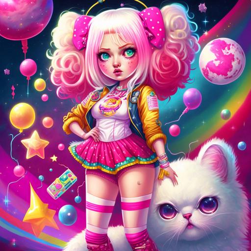 female, full body, with doll face features, large lips, big cartoon eyes, pink eye color, lisa frank style clothing, pink and white clothing, sparkle nose ring, sparkle lip ring, sparkle eyebrow piercing, blonde space bun hair, oversized pink leg warmers, sparkle background, bubble floor, big combat boots, white fluffy cat, cat looks mean