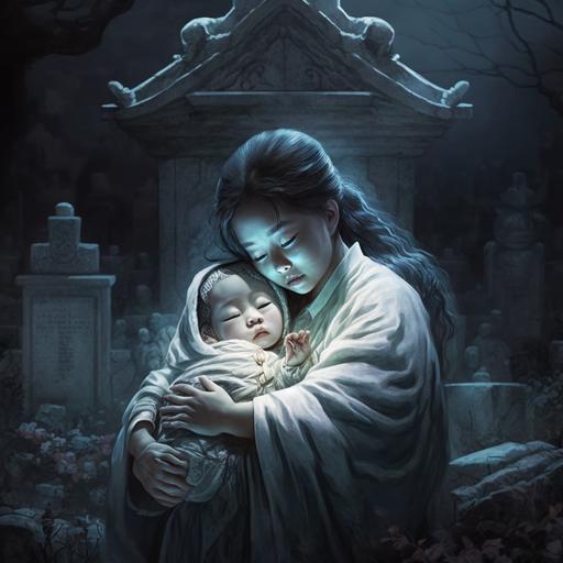 Japanese female ghost, grave at night, dressed in white, holding a sleeping baby, scary face, movie style