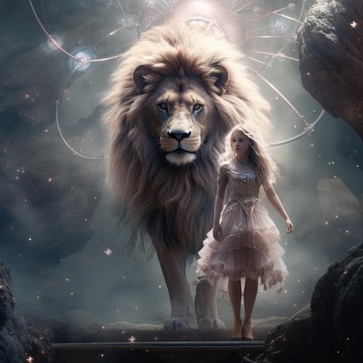 female girl stand next to a lion girl is wearing a tutu quantum cosmic