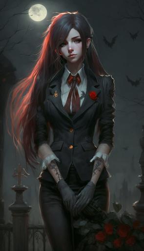 female goth, beautiful waifu, minimalistic business suit, glossy black pants, black gloves, long-black-hair with red hair tips, amazing chest, stylish corsage, red eyes, free hands, dynamic pose, withered grass, night, full moon, dark old cemetery background, dark fantasy, grimdark, Victorian era inspired, realistic oil painting --q 1.5 --chaos 33 --s 900 --ar 9:16