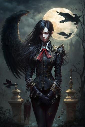 female goth, beautiful waifu with black raven wings, minimalistic business suit, glossy black pants, black gloves, glossy smooth long-black-hair, amazing chest, stylish corsage, red eyes, free hands, dynamic pose, withered grass, night, full moon, dark old cemetery background, dark fantasy, grimdark, Victorian era inspired, realistic oil painting --ar 2:3 --s 700 --v 4