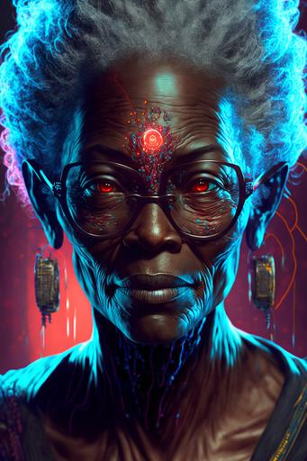 female haker, 70 year old, black skin, granny with dark academia aestetic, in style vintage detailed sci-fi cyberpunk illustration designed by Tatsuki Fugimoto and Marc Simonetti   psychodelic red and blue light, very detailed --ar 2:3 --v 4