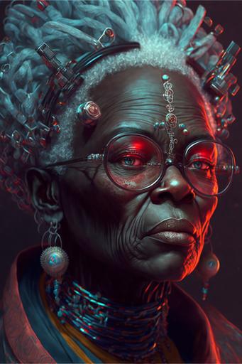 female haker, 70 year old, black skin, granny with dark academia aestetic, in style vintage detailed sci-fi cyberpunk illustration designed by Tatsuki Fugimoto and Marc Simonetti   psychodelic red and blue light, very detailed --ar 2:3 --v 4