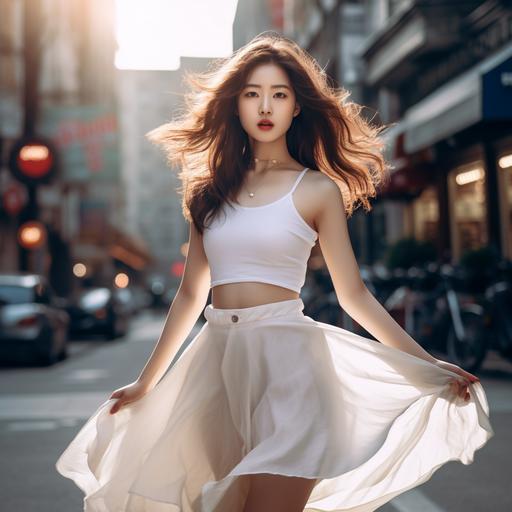 female, korean, beautiful girl, bright skin, curved, full body, street, white flare skirt, realistic, photography