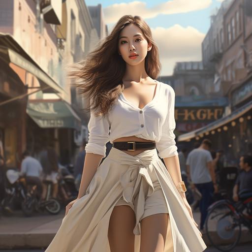 female, korean, beautiful girl, bright skin, curved, full body, street, crop top, white flare skirt, realistic, photography