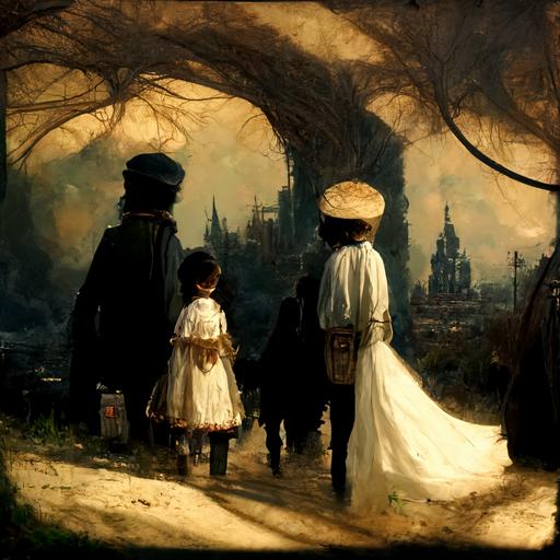 female, little girl with two black braids, big green eyes, birthmark on her upper lip, cute, lovely, white victorian dress , girl on the walk with two dads holding hands :: two man, two dads, necromancer with long ginger hair, young wizard with long black hair and cripled hand :: desert city background, steampunk style, fantasy, cinematic light, low chaos