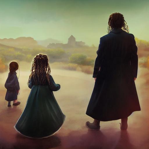 female, little girl with two black braids, big green eyes, birthmark on her upper lip, cute, lovely, white victorian dress , girl on the walk with two dads holding hands , two man, two dads, necromancer with long ginger hair, young wizard with long black hair and cripled hand , desert city background, steampunk style, fantasy, cinematic light, low chaos --test --creative