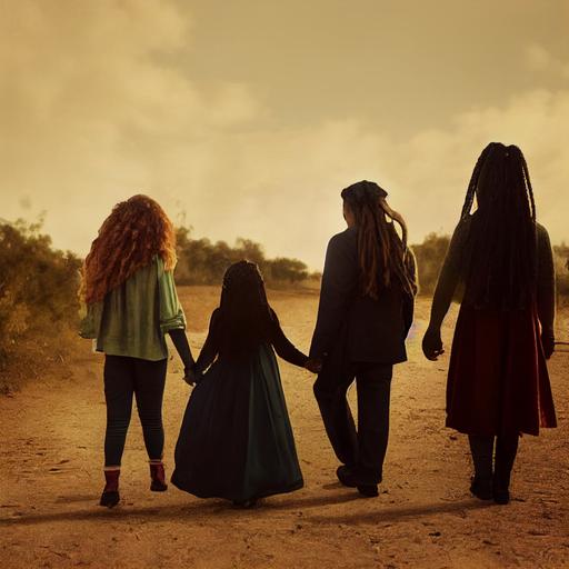 female, little girl with two black braids, big green eyes, birthmark on her upper lip, cute, lovely, white victorian dress , girl on the walk with two dads holding hands, happy family , two man, two dads, necromancer with long ginger hair, young wizard with long black hair and cripled hand , desert city background, steampunk style, fantasy, cinematic light, low chaos --no mother --test --creative