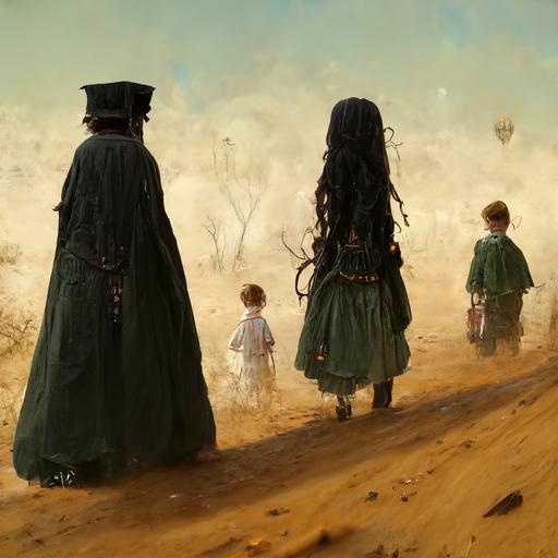 female, little girl with two black braids, big green eyes, birthmark on her upper lip, cute, lovely, white victorian dress , girl on the walk with two dads holding hands :: two man, two dads, necromancer with long ginger hair, young wizard with long black hair and cripled hand :: desert city background, steampunk style, fantasy, cinematic light, low chaos