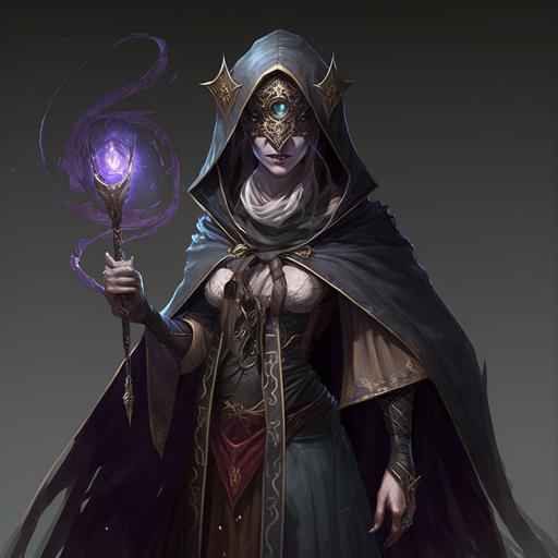 female mage, wearing elaborately symboled blindfolds one over each eye. She wears a sheer veil over her mouth and nose, and is dressed in elaborate robes with symbols