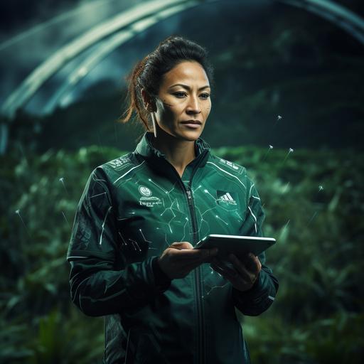female maori rugby coach of the future leveraging data, artificial intelligence on a field in new zealand. Coach will be wearing a forrest green track suit