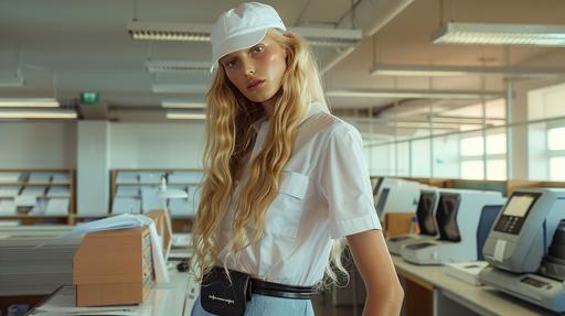 female model, long blond hair, soft and subdued make-up, white baseball cap, white poplin shirt with front pockets by Prada short-sleeved, long light blue poplin skirt, black leather waist pouch as belt, low black leather loafers and high black and white striped terry socks, fashion MIUMIU brand campaign, image for vogue, photo taken by photographer Annie Leibovitz, warm colours, location an aseptic clean modern office, model making a photocopy in the office, 8k, captured by canon R8 400mm F5. 4 HD result. --ar 16:9