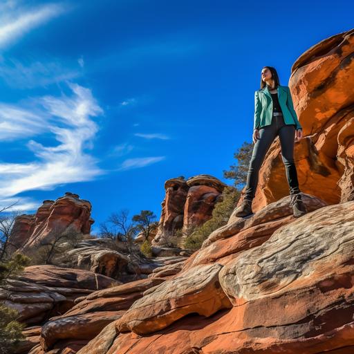 female model, standing from an interesting low camera angle, sedona rocks, teal blue sky, no clouds, model shot 4k, hdr