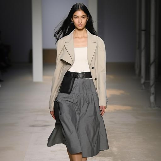 female model with long black hair, the model is wearing a gray jacket and a beige skirt, FULL BODY MODEL, HD RESULT, PRADA fashion show