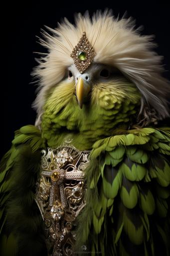female nakita , beatiful kakapo wearing latest line of haute couture, luxe versace bird wear, green feather boa, golden metal beak, cinematic lighting --ar 2:3