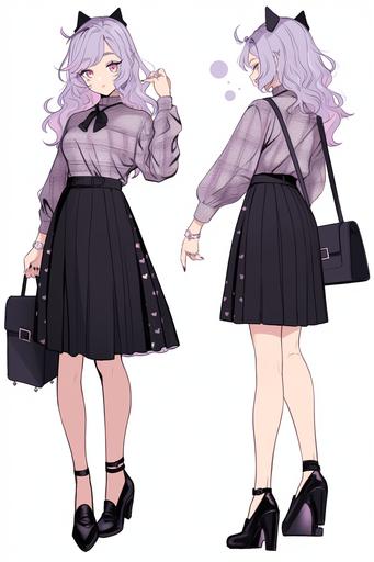 female outfit design, preppy, pencil skirt, tarran, school uniform, lilac black --niji 5 --ar 2:3