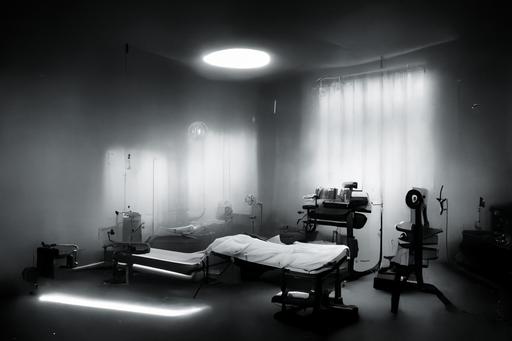 female patient, strange clinic, weird treatment, misty, dark, contrast, bed, lights, restraint, unusual machine, doctor, black and white and red, --ar 3:2