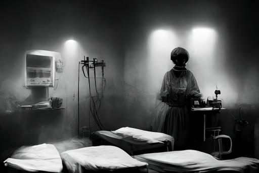 female patient, strange clinic, weird treatment, misty, dark, contrast, bed, lights, restraint, unusual machine, doctor, black and white and red, --ar 3:2