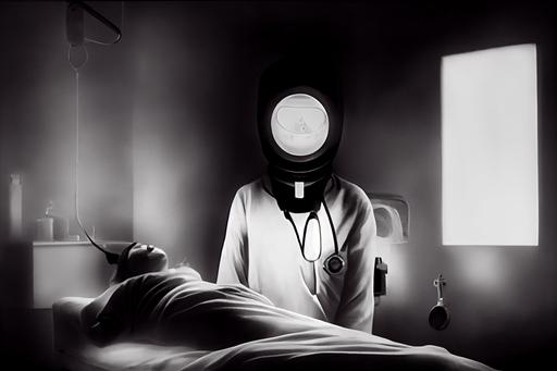 female patient, strange clinic, weird treatment, misty, dark, contrast, bed, lights, restraint, unusual machine, doctor, black and white and red, --ar 3:2 --test --creative