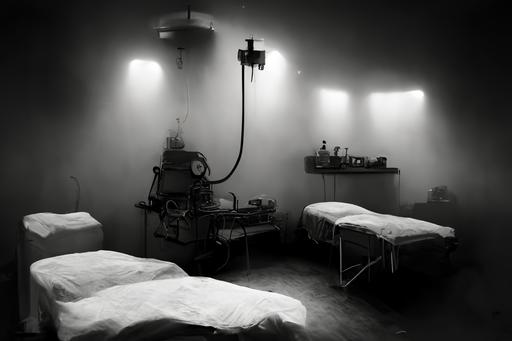 female patient, strange clinic, weird treatment, misty, dark, contrast, bed, lights, restraint, unusual machine, doctor, black and white and red, --ar 3:2