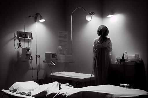 female patient, strange clinic, weird treatment, misty, dark, contrast, bed, lights, restraint, unusual machine, doctor, black and white and red, --ar 3:2 --test --creative