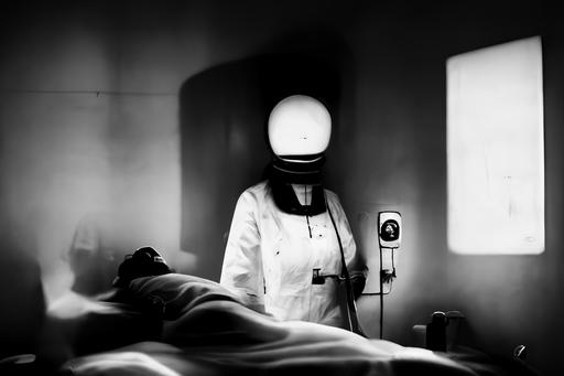 female patient, strange clinic, weird treatment, misty, dark, contrast, bed, lights, restraint, unusual machine, doctor, black and white and red, --ar 3:2