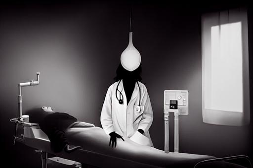 female patient, strange clinic, weird treatment, misty, dark, contrast, bed, lights, restraint, unusual machine, doctor, black and white and red, --ar 3:2 --test --creative