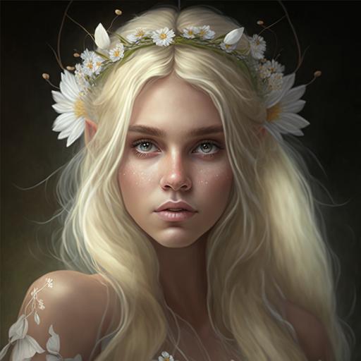 female platin blonde fairy looking and wears a daisy crown