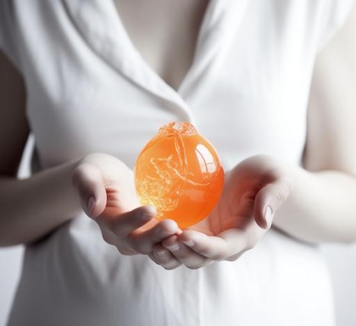 female pregnant woman holding an orange capsule in a white background, in the style of poured resin, high-keyed palette, provia, associated press photo --ar 62:57 --q 2 --upbeta --s 750 --v 5