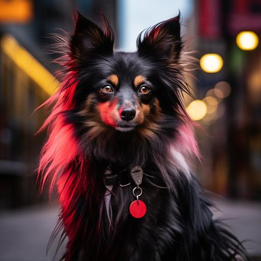 female red/black color dog, black furr, no white, colorful city background, blurry background, full body, looking at camera, cute,