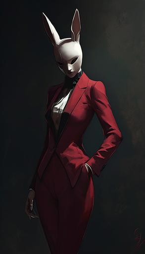 female sartorial supervillain in a burgundy suit, menacing, super genius, chaos, wearing sad white rabbit mask, ambient occlusion, illustrated by Bob Kane and Khary Randolph --ar 4:7 --style raw --v 6.0