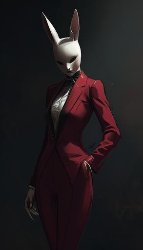 female sartorial supervillain in a burgundy suit, menacing, super genius, chaos, wearing sad white rabbit mask, ambient occlusion, illustrated by Bob Kane and Khary Randolph --ar 4:7 --style raw --v 6.0
