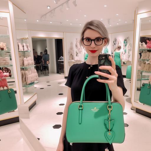 female selfie in store trying on green kate spade handbag