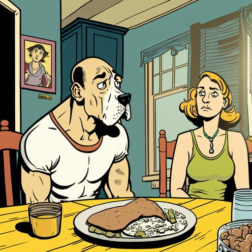 female shoodoole dog and male dodson sitting at a kitchen table eating breakfast cartoon