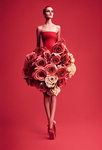 female super model wearing a cream color suite dress with a large red rose made of fabric, high fashion, dior, red fabric dragging behind, cascading fabric, haute couture, editorial photoshoot, glam, slick design, high quality, dramatic, beautiful, --ar 9:16 --test --creative --upbeta