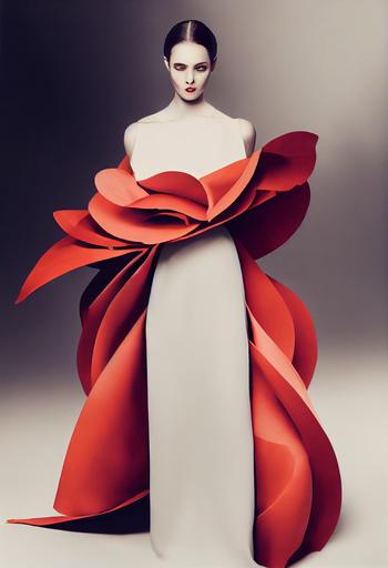female super model wearing a cream color suite dress with a large red rose made of fabric at both sides of the hip, high fashion, dior, red fabric train dragging behind, haute couture, editorial photoshoot, glam, slick design, dramatic, beautiful, --ar 9:16 --test --creative --upbeta