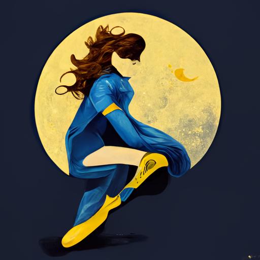 female superhero, yellow and blue, blue shoes, brown hair, crescent moon, mist --v 3 --uplight