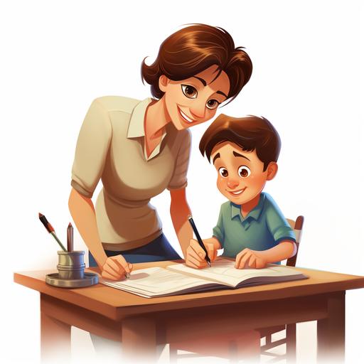female teacher, classroom, boy writing homework, cartoon, pixar style, white background --v 5.2
