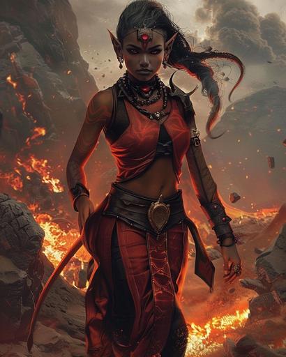 female tiefling warlock, dark tan skin, black hair, black eyes, dark red desert clothing, volcanic background, full body portrait, fantasy themed --ar 4:5