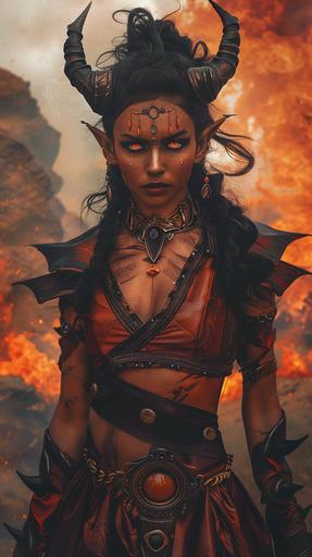 female tiefling warlock, dark tan skin, black hair, black eyes, dark red desert clothing, volcanic background, full body portrait, fantasy themed --ar 9:16