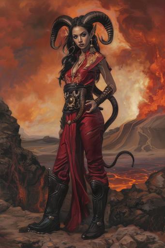 female tiefling warlock, dark tan skin, black hair, black eyes, dark red desert clothing, volcanic background, full body portrait, fantasy themed --ar 2:3