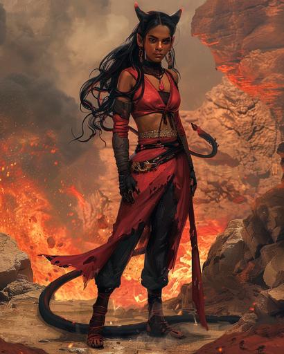 female tiefling warlock, dark tan skin, black hair, black eyes, dark red desert clothing, volcanic background, full body portrait, fantasy themed --ar 4:5