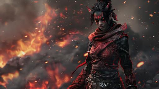 female tiefling warlock, dark tan skin, black hair, black eyes, dark red desert clothing, volcanic background, full body portrait, fantasy themed --ar 16:9