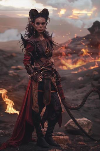 female tiefling warlock, dark tan skin, black hair, black eyes, dark red desert clothing, volcanic background, full body portrait, fantasy themed --ar 2:3